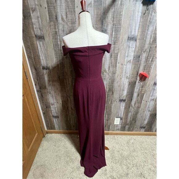 DRESS the POPULATION Bridal Burgundy Red Jackie Off Shoulder Crepe Formal Gown - Picture 3 of 5